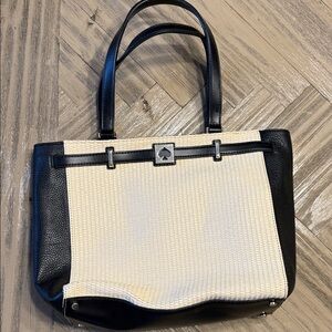 Kate Spade Black and Cream Woven Tote with Spade Accent